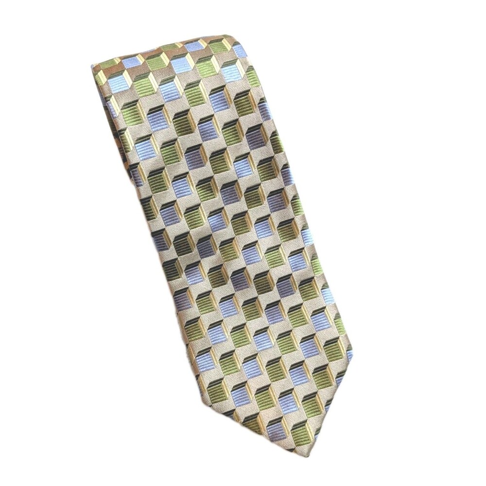 NEW XMI Platinum 100% Silk Tie Olive & Blue Geometric 3D Blocks Pattern NWT